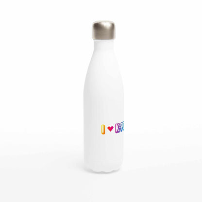 Love Kpop white 17oz stainless steel water bottle with double-wall insulation.