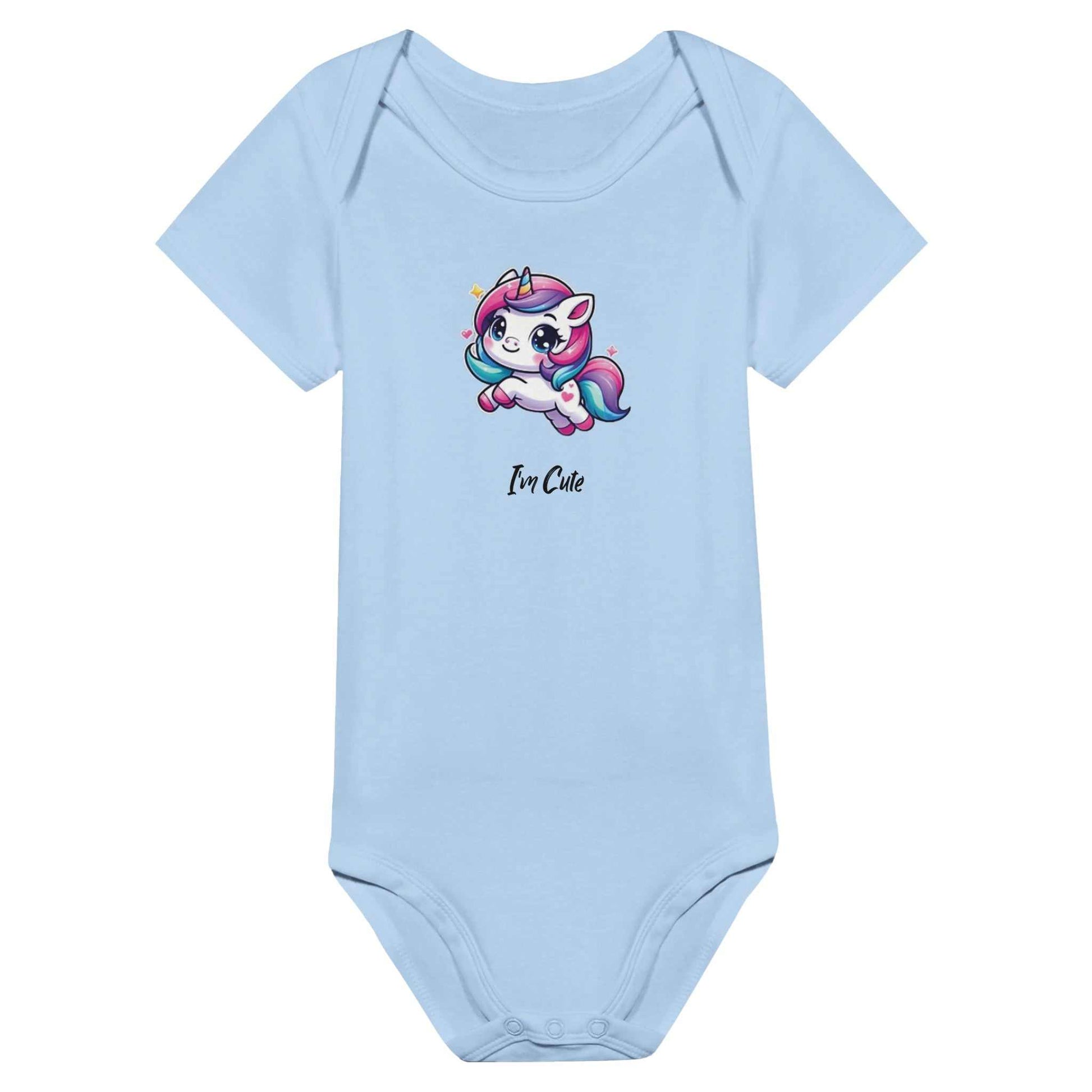 Cute baby printed short sleeve bodysuit with unicorn design on blue fabric.