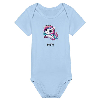 Cute baby printed short sleeve bodysuit with unicorn design on blue fabric.