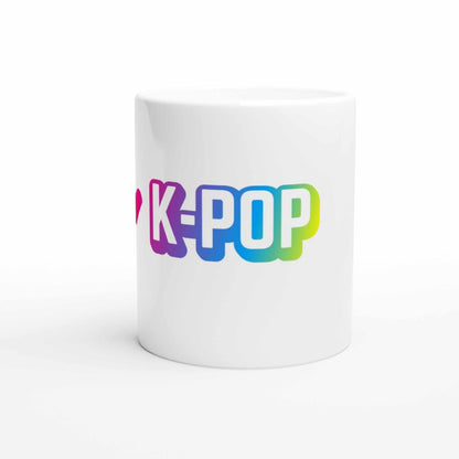 Kpop themed white ceramic mug, 11oz, glossy finish.