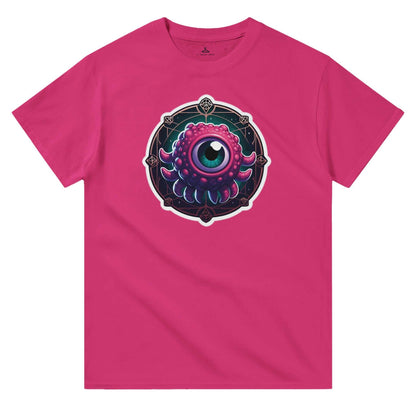 Beholder Men's Crewneck T-shirt in pink with eye design, made of 100% heavyweight cotton, durable and classic fit.