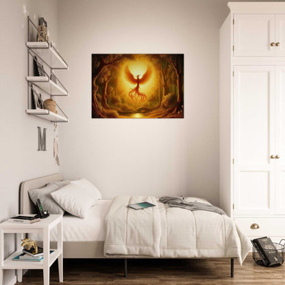 Phoenix Birth Canvas artwork displayed on wall above a bed in a modern room.