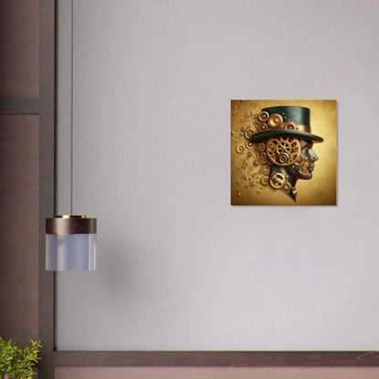 Clockwork Man Canvas hanging on wall, showcasing a steampunk-inspired art piece with gears.