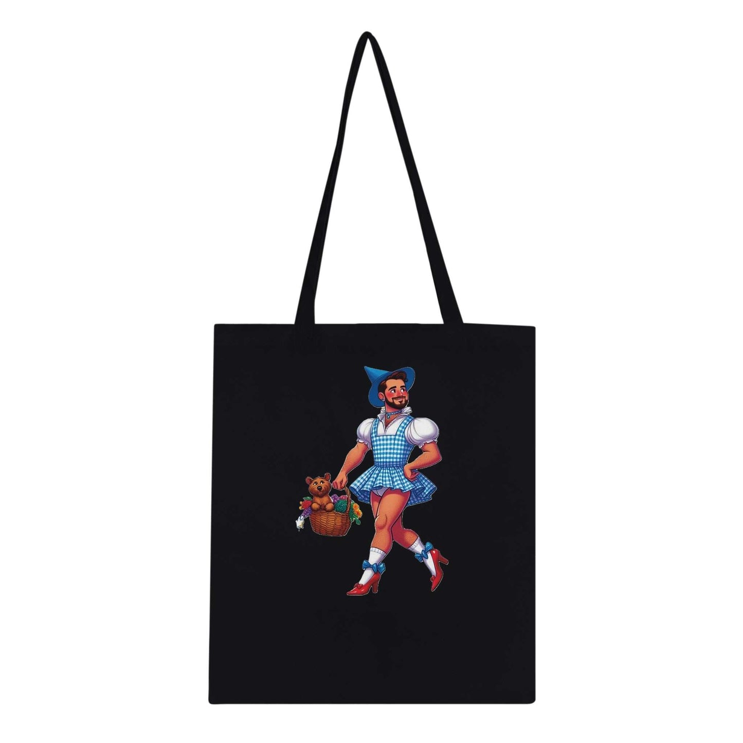 Eco-friendly Dorothy tote bag with reinforced long handles and colorful character design.