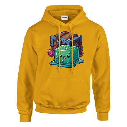 Gelatinous Cube and Mimic Women's Pullover Hoodie, yellow, featuring a whimsical graphic of a cube and chest, 50% cotton and 50% polyester blend.