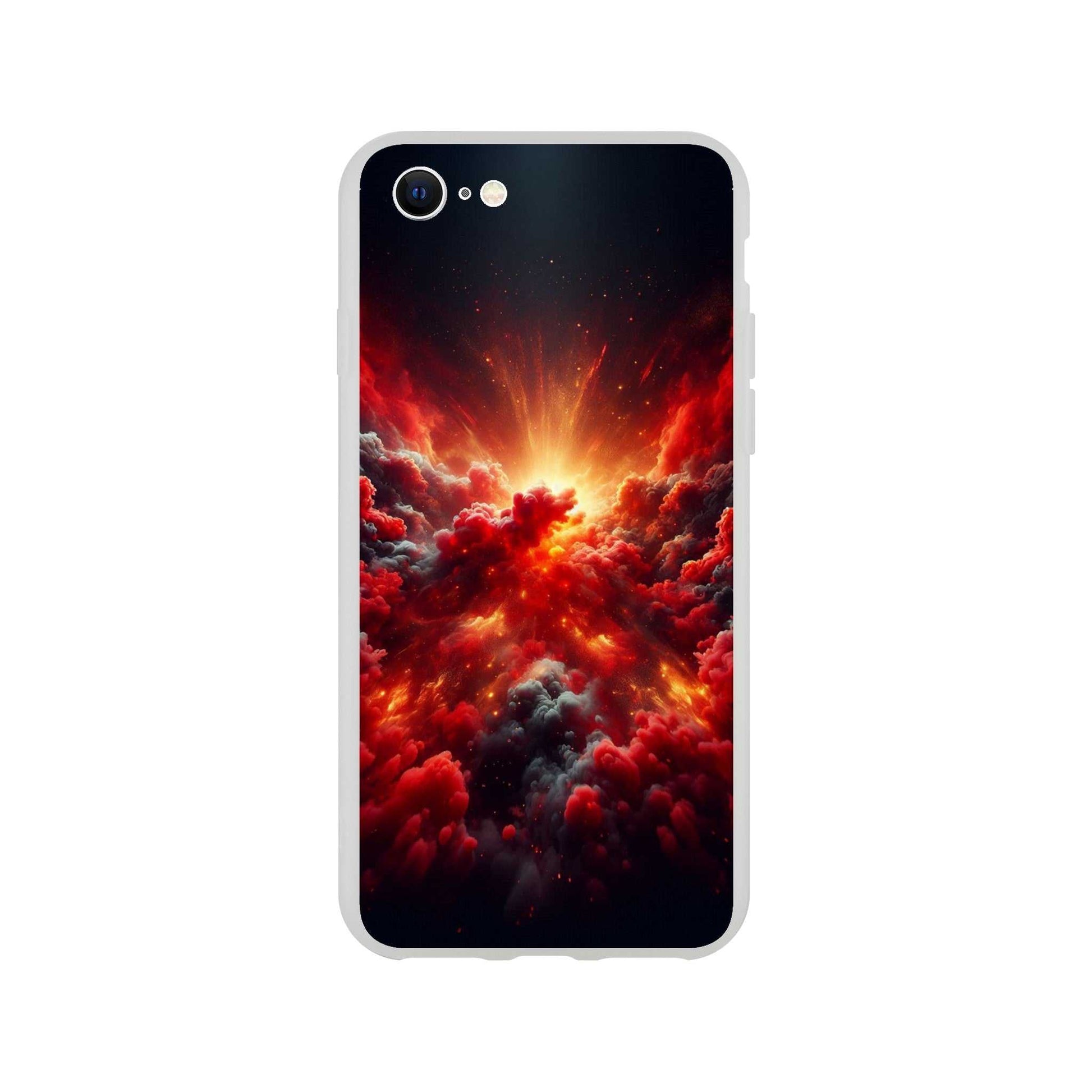 Red Clouds iPhone Flexi case with fiery cloud design, transparent and impact-resistant.