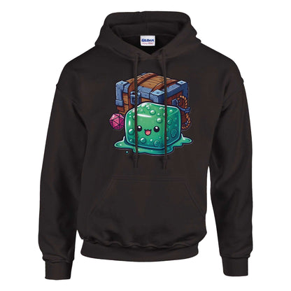 Gelatinous Cube and Mimic women's pullover hoodie, black with colorful design, soft cotton-polyester blend.