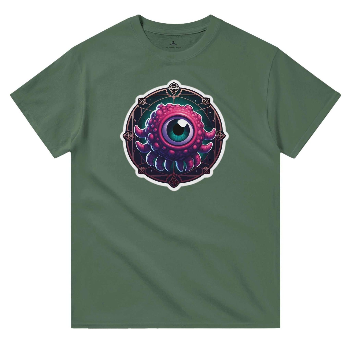 Beholder Women's Crewneck T-shirt in green with a colorful creature graphic design, 100% cotton, classic fit.