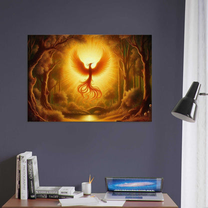 Phoenix Birth Canvas displayed in a room, featuring vibrant colors and engaging art experience.