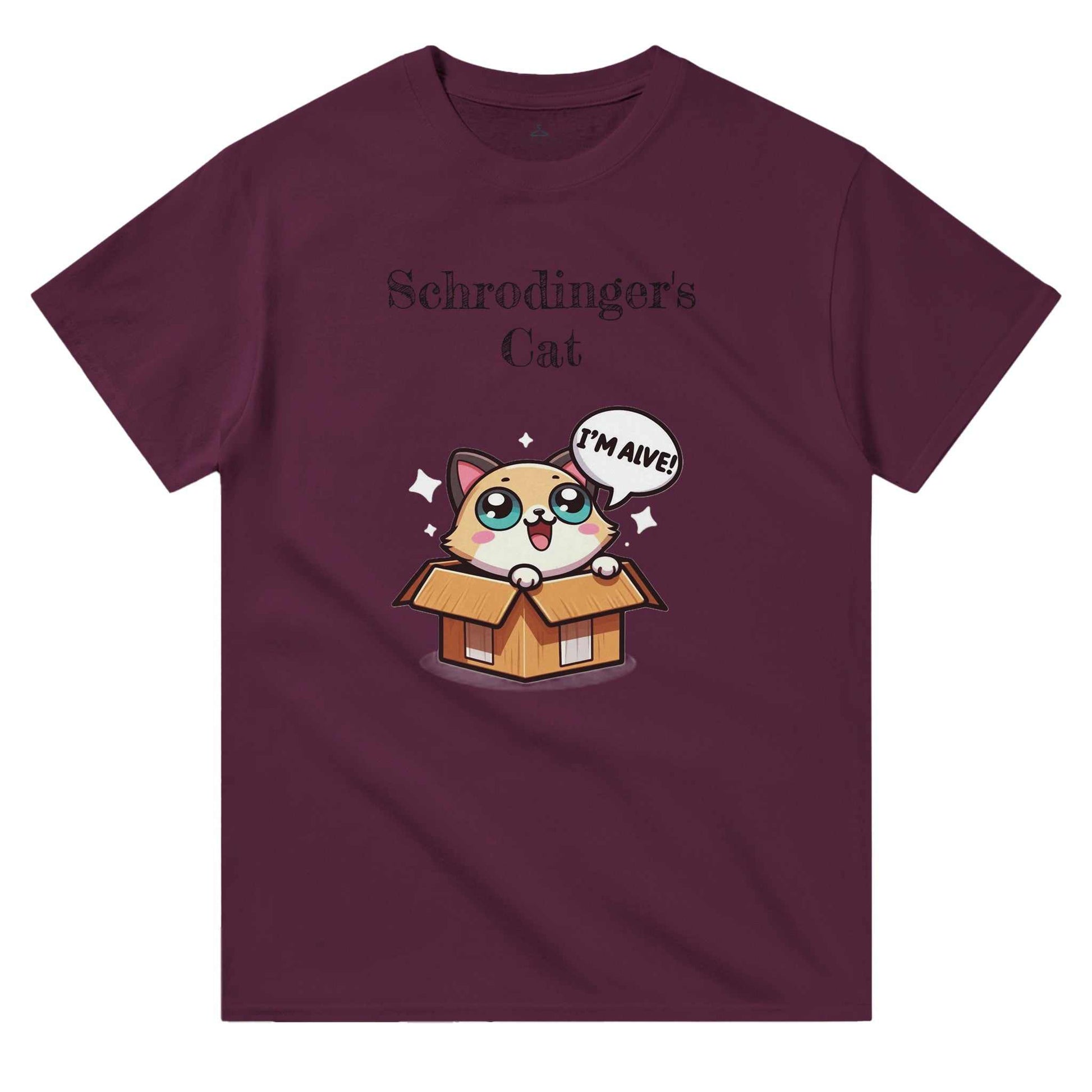 Schrodinger's Cat Crewneck T-shirt featuring a playful cat design in a box.