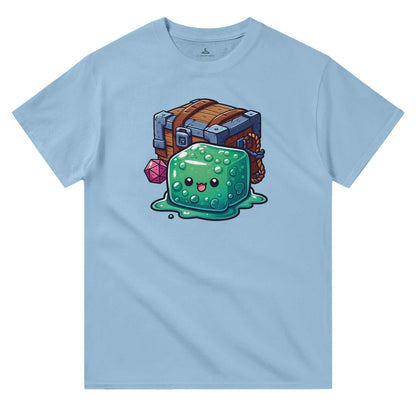 Men's crewneck t-shirt featuring a cartoon gelatinous cube and mimic design, classic fit, 100% cotton.