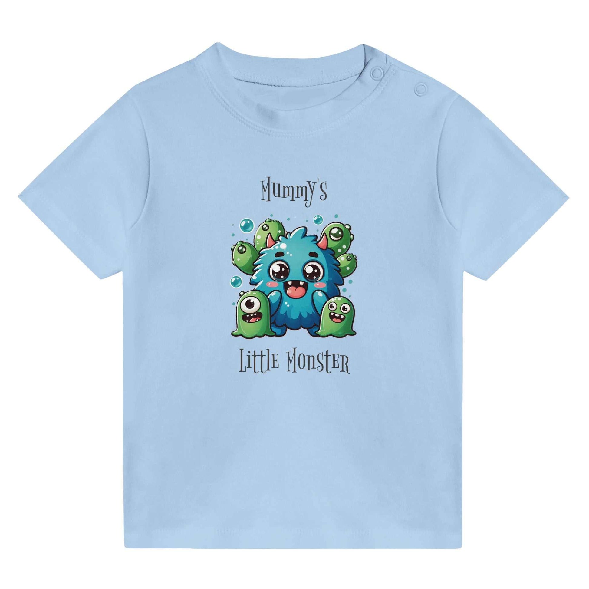 Blue Mummy's Little Monster baby crewneck t-shirt with cute monster graphic, 100% cotton.