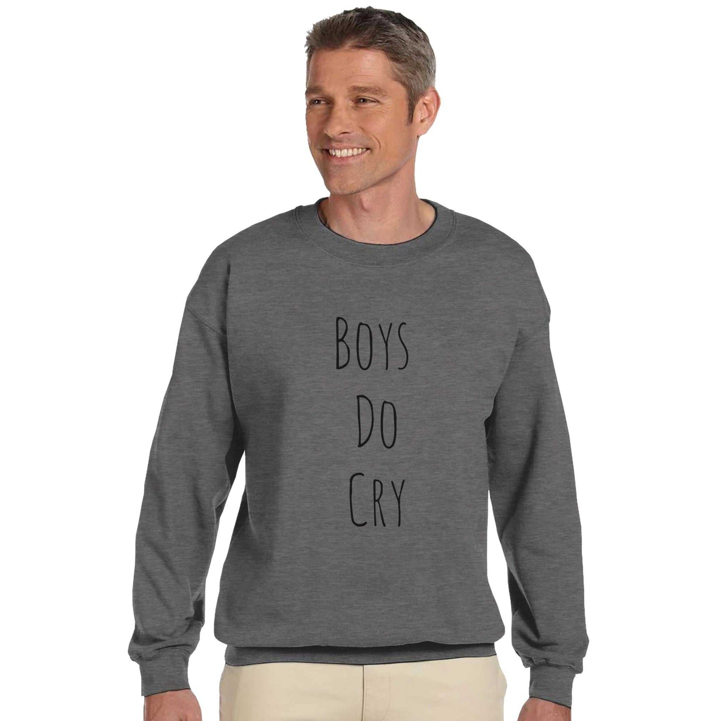 "Boys do Cry" printed classic crewneck sweatshirt in grey, featuring a soft cotton-polyester blend with durable stitching and a comfortable fit.