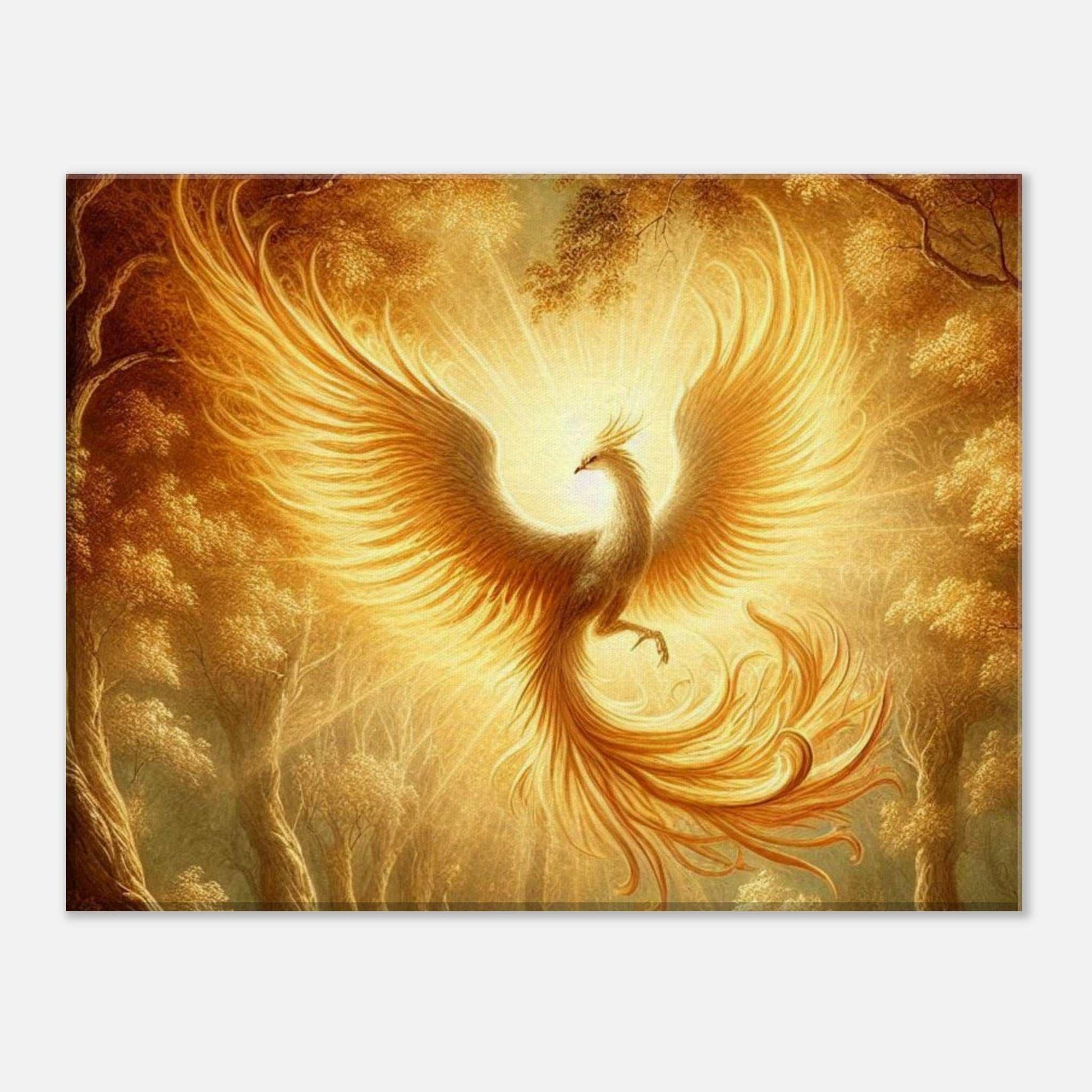 Phoenix Flight Canvas print featuring a majestic phoenix soaring, providing a textured, elegant art piece for any space.