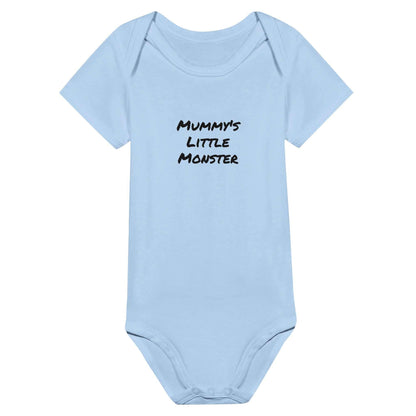 Mummy's Little Monster Classic Baby Short Sleeve Bodysuit in blue, 100% cotton.