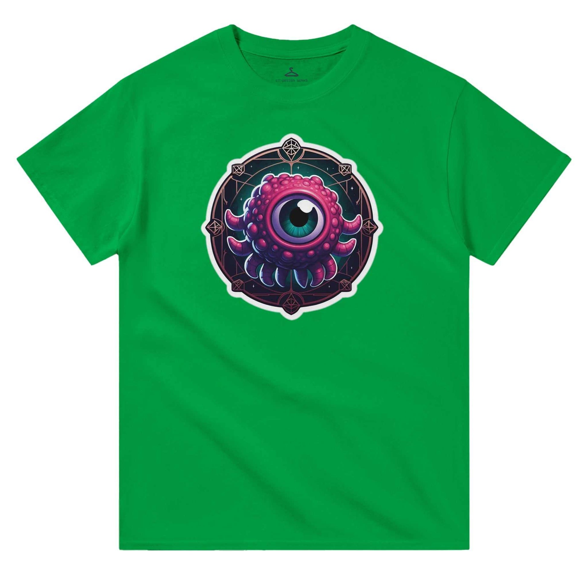 Beholder Women's Crewneck T-shirt with colorful eye design on green fabric.