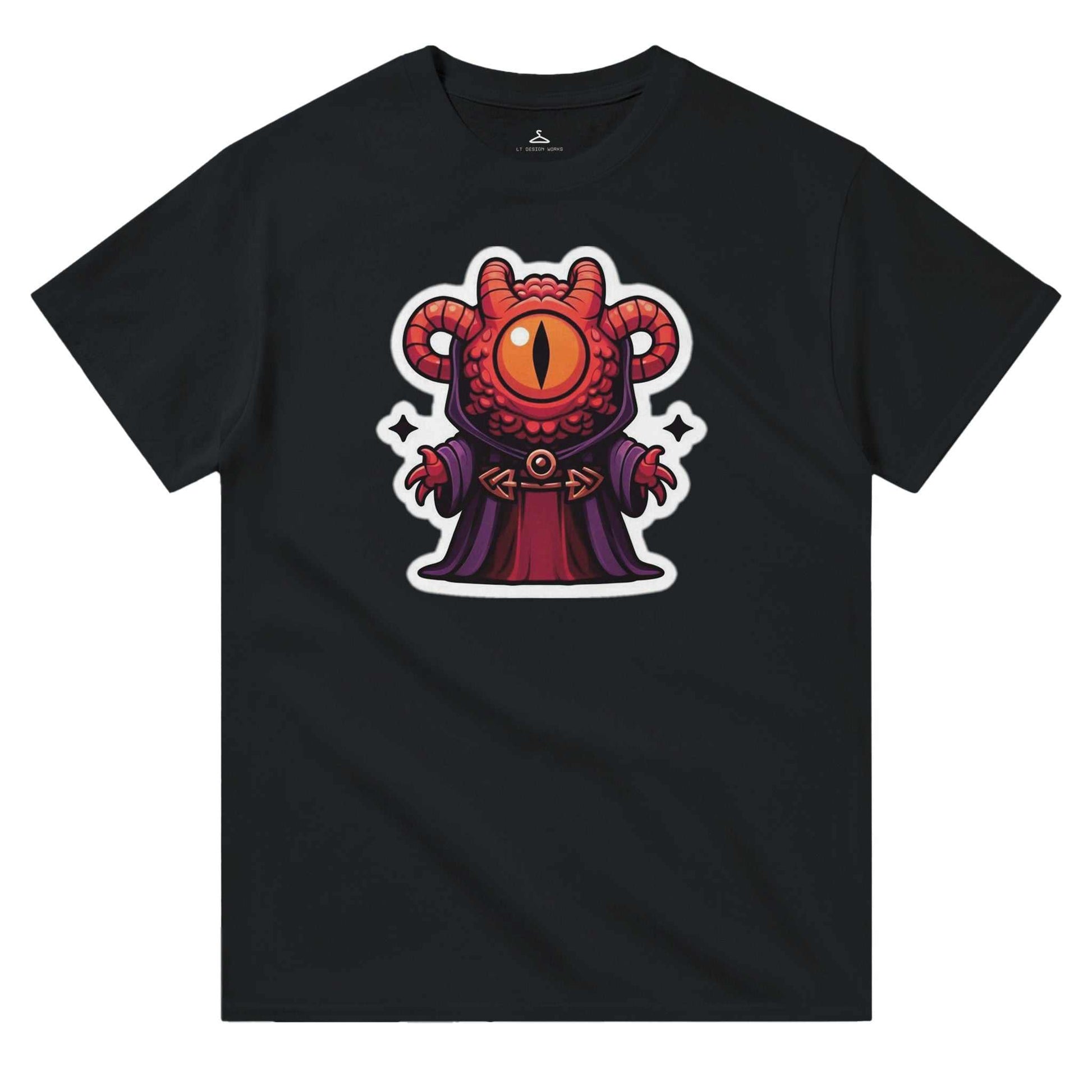 Mindflayer Women's Crewneck T-shirt with a colorful character design on black cotton fabric, showcasing durability and classic fit.