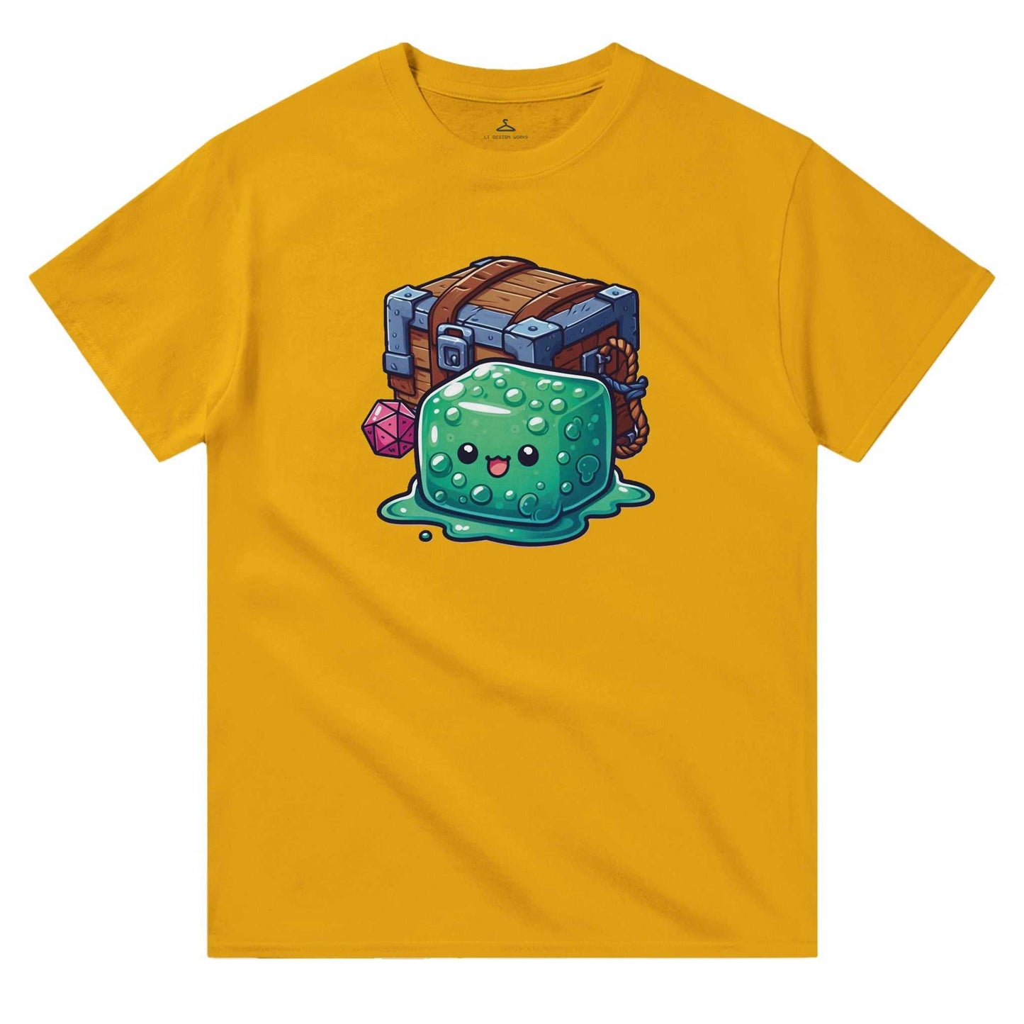 Yellow women's crewneck t-shirt featuring a cute gelatinous cube and mimic chest design.