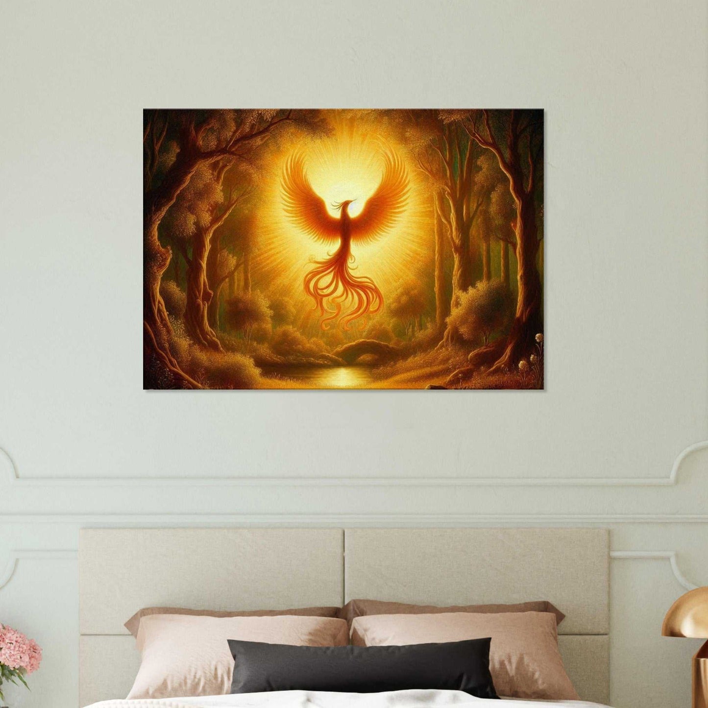 Phoenix Birth Canvas art print on textured cotton-polyester, FSC-certified wood frame, includes hanging kit.