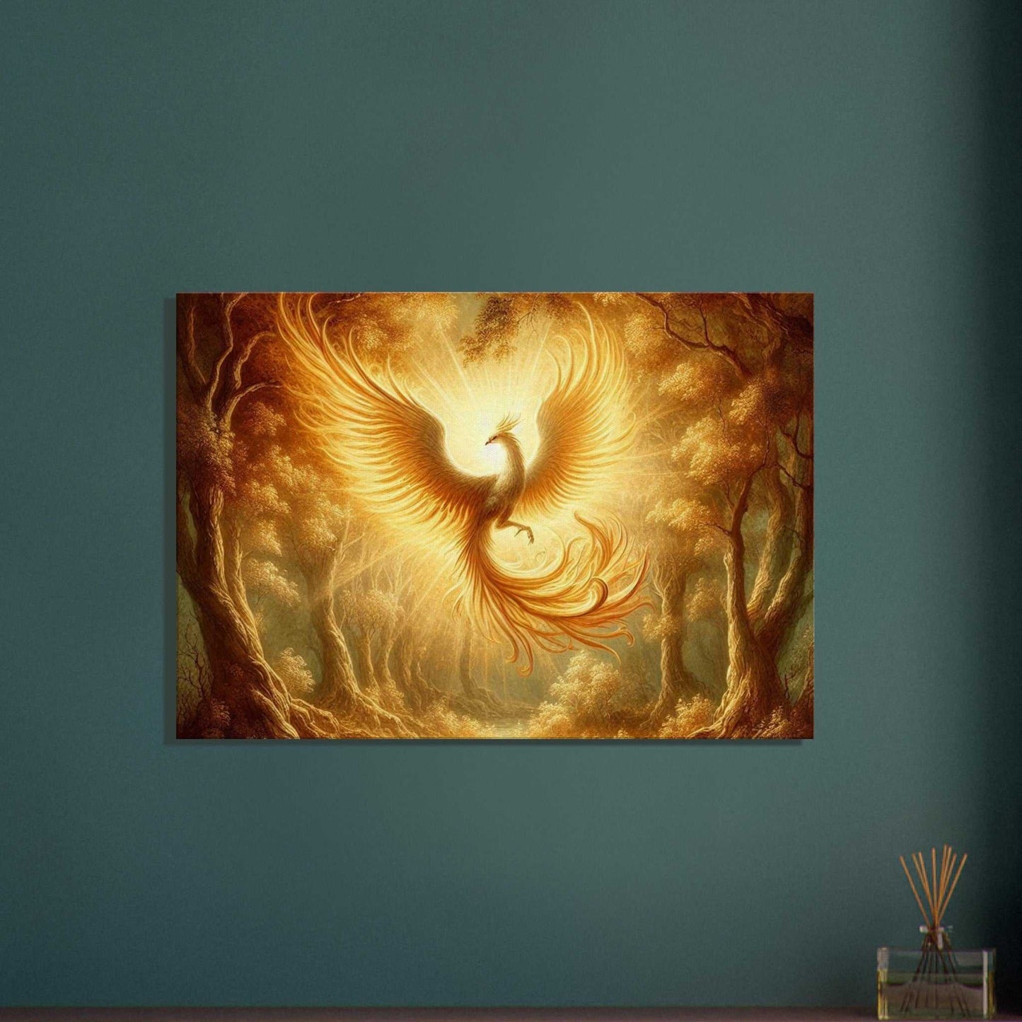 Phoenix Flight Canvas with elegant phoenix print on textured material, cotton-polyester blend, sustainable wood frame.