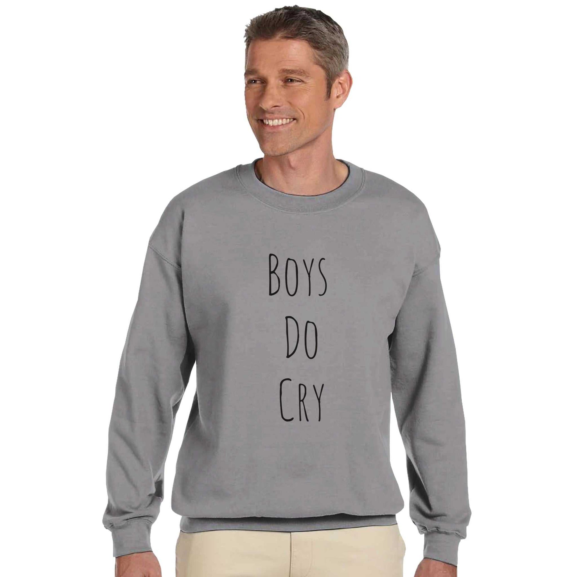 Boys do Cry printed classic crewneck sweatshirt, soft cotton-poly blend, comfortable fit.