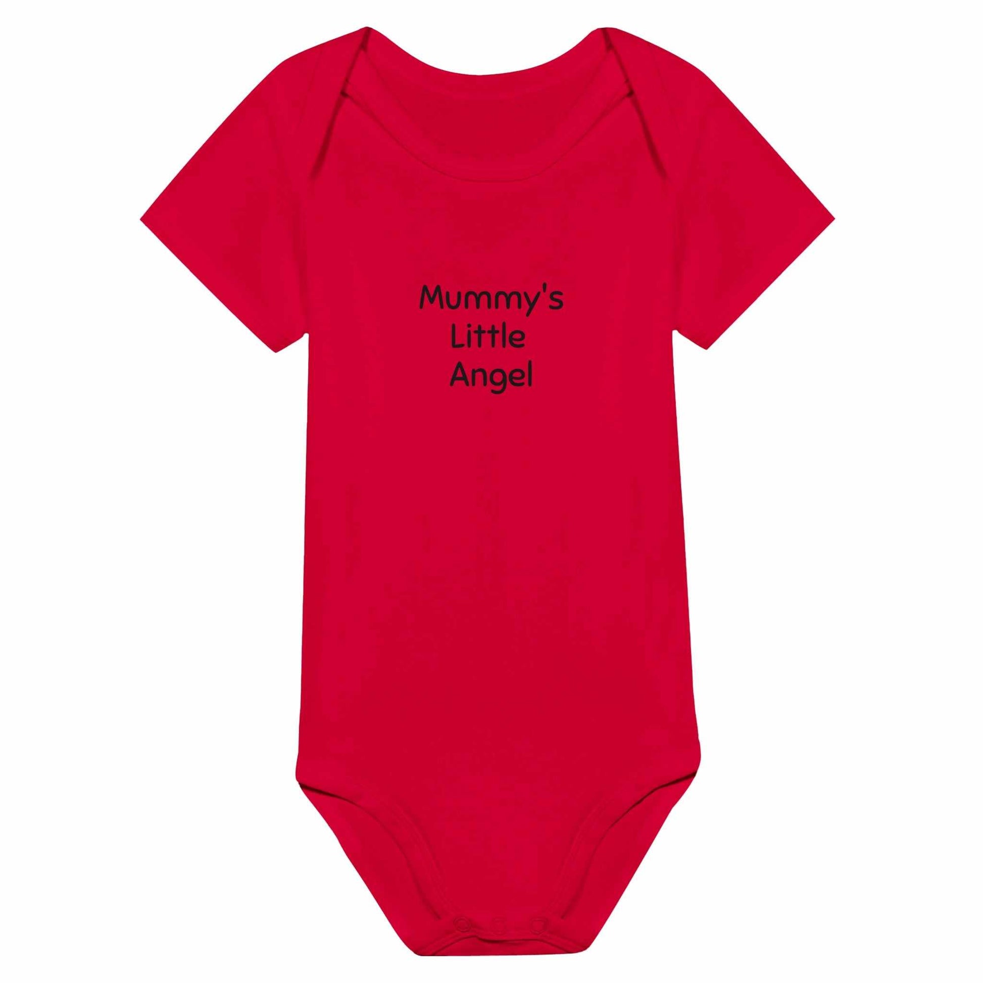 Mummy's Little Angel Baby Short Sleeve Bodysuit, red, 100% cotton, easy lap shoulders, relaxed fit.