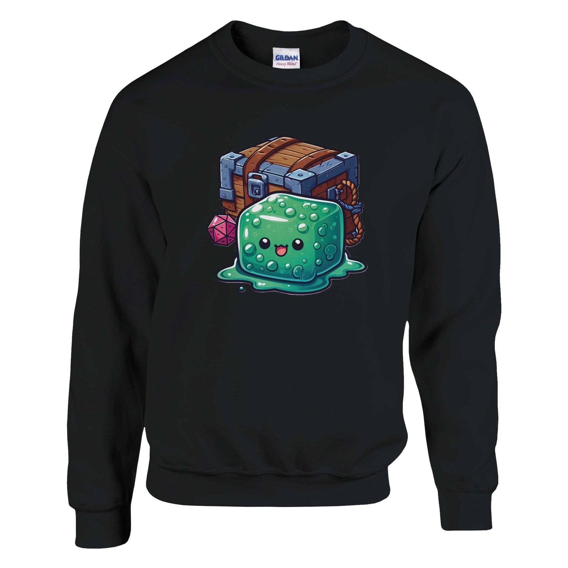 Gelatinous Cube and Mimic men's crewneck sweatshirt, black, fantasy-themed design, soft cotton-poly blend.