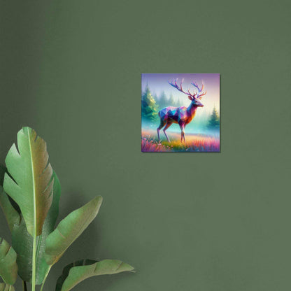 Stag canvas print with vibrant colors, featuring a majestic stag in a forest setting, on a green wall.