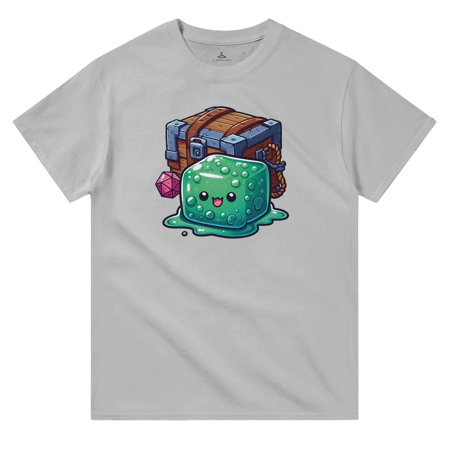 Gelatinous Cube and Mimic graphic on men's crewneck t-shirt, durable cotton, classic fit.