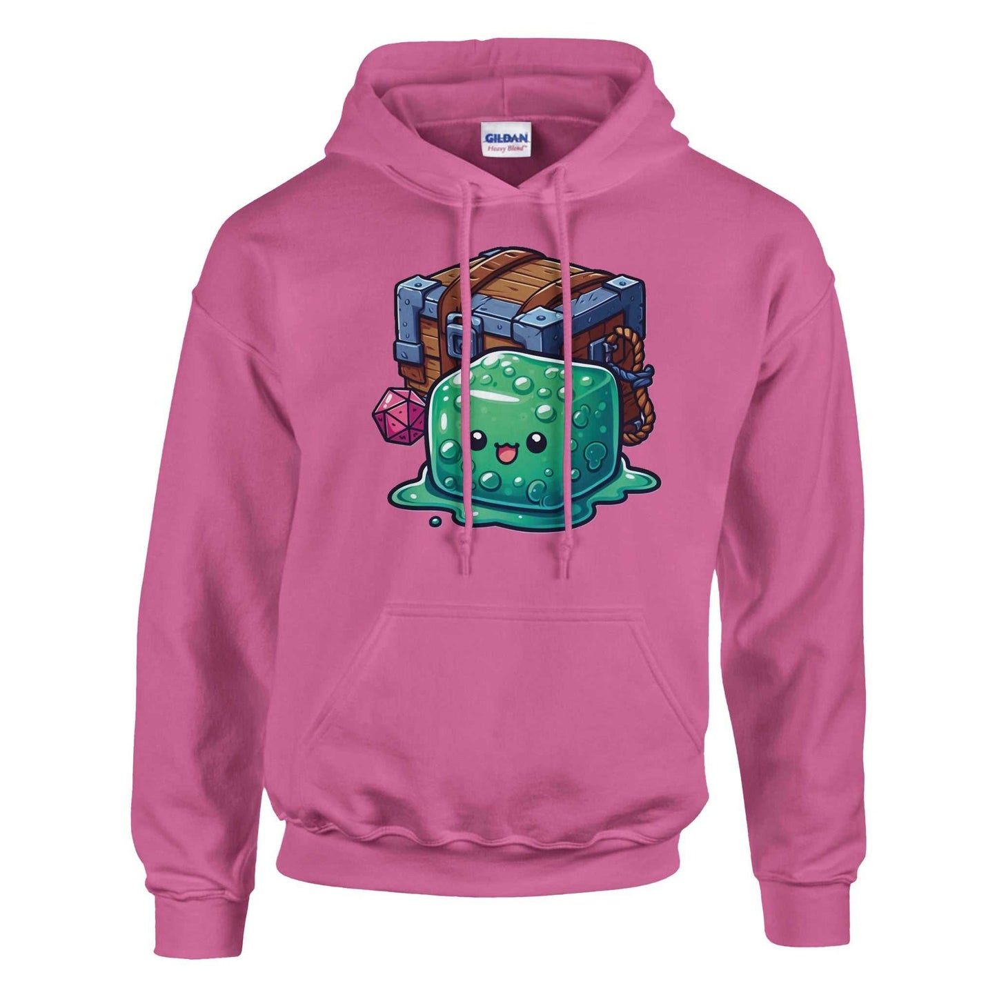 Gelatinous Cube and Mimic pullover hoodie with chest graphic on pink fabric.