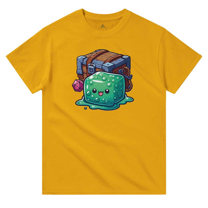 Gelatinous Cube and Mimic graphic men's crewneck t-shirt in yellow, 100% cotton, classic fit.