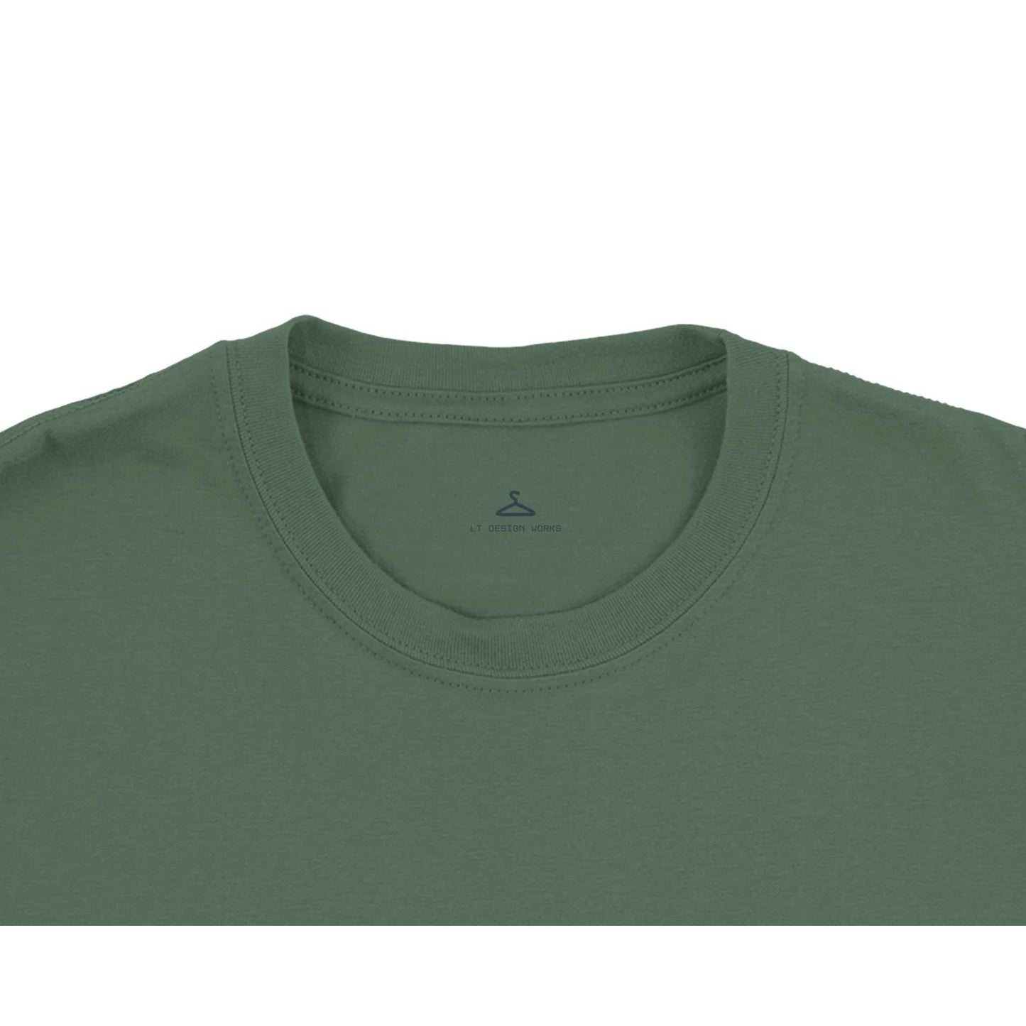 Green crewneck T-shirt featuring seamless double-needle collar, made from 100% preshrunk ring-spun cotton.