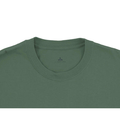 Green crewneck T-shirt featuring seamless double-needle collar, made from 100% preshrunk ring-spun cotton.