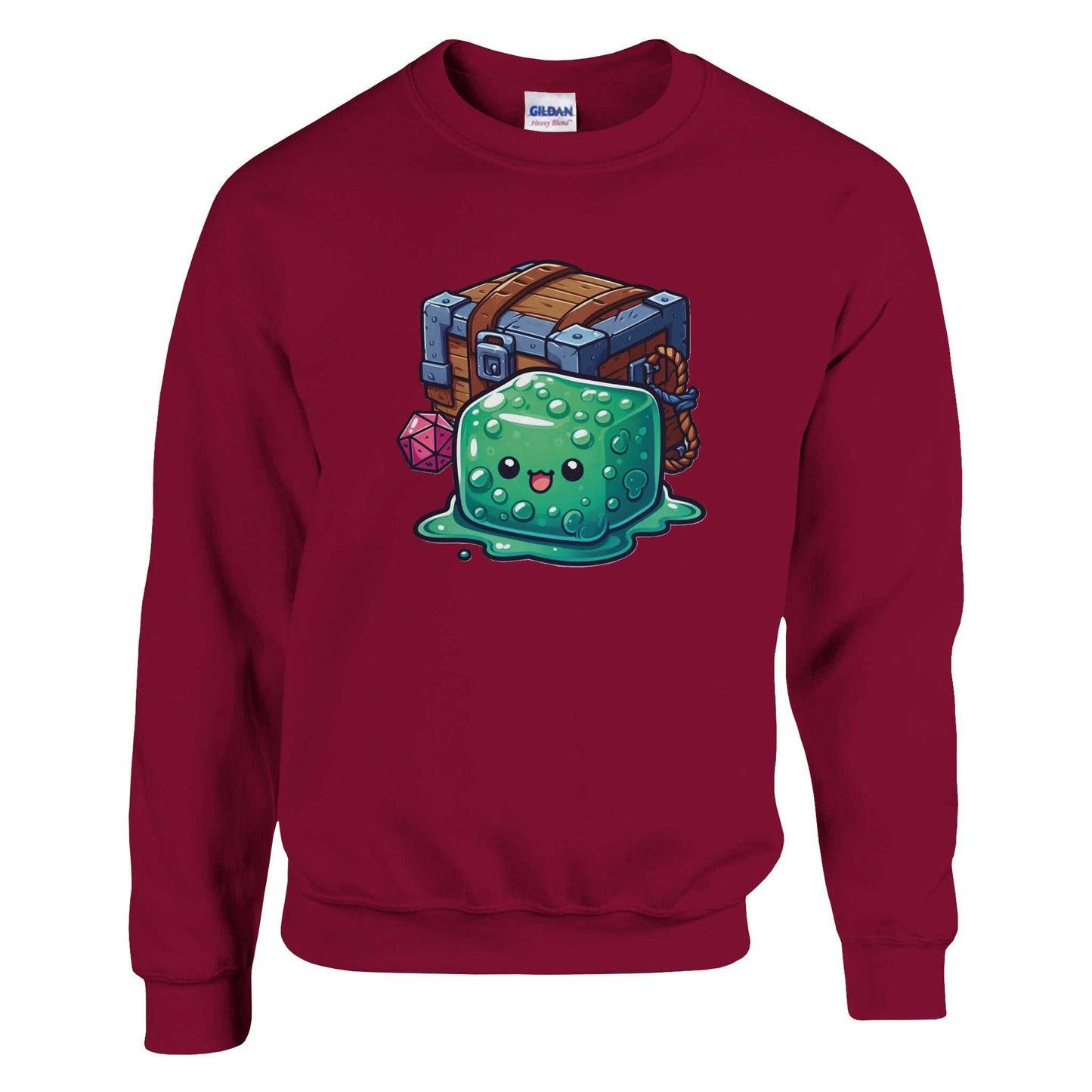 Gelatinous Cube and Mimic crewneck sweatshirt in maroon, featuring a fantasy design.