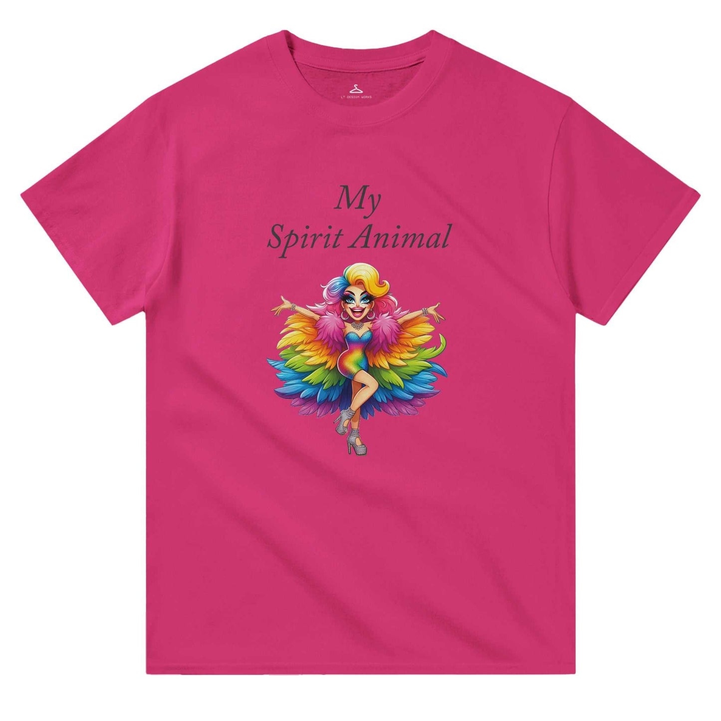 Women's pink crewneck t-shirt with "My Spirit Animal" and colorful character design.