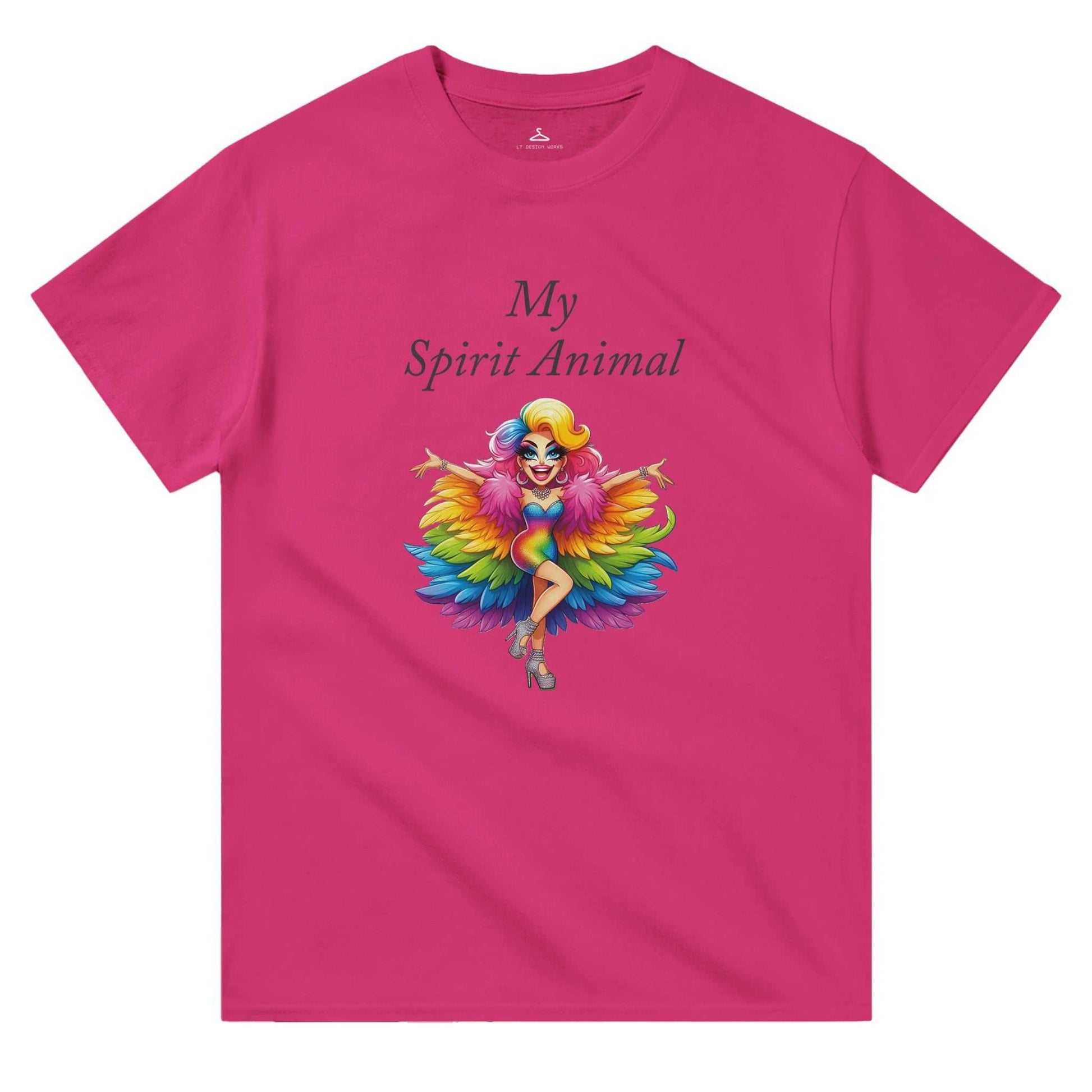 Women's pink crewneck t-shirt with "My Spirit Animal" and colorful character design.