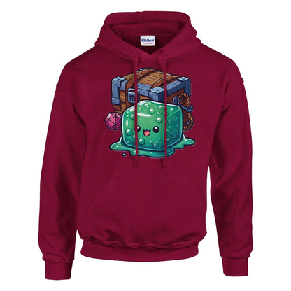 Gelatinous Cube and Mimic design men's pullover hoodie in maroon with front pouch pocket.