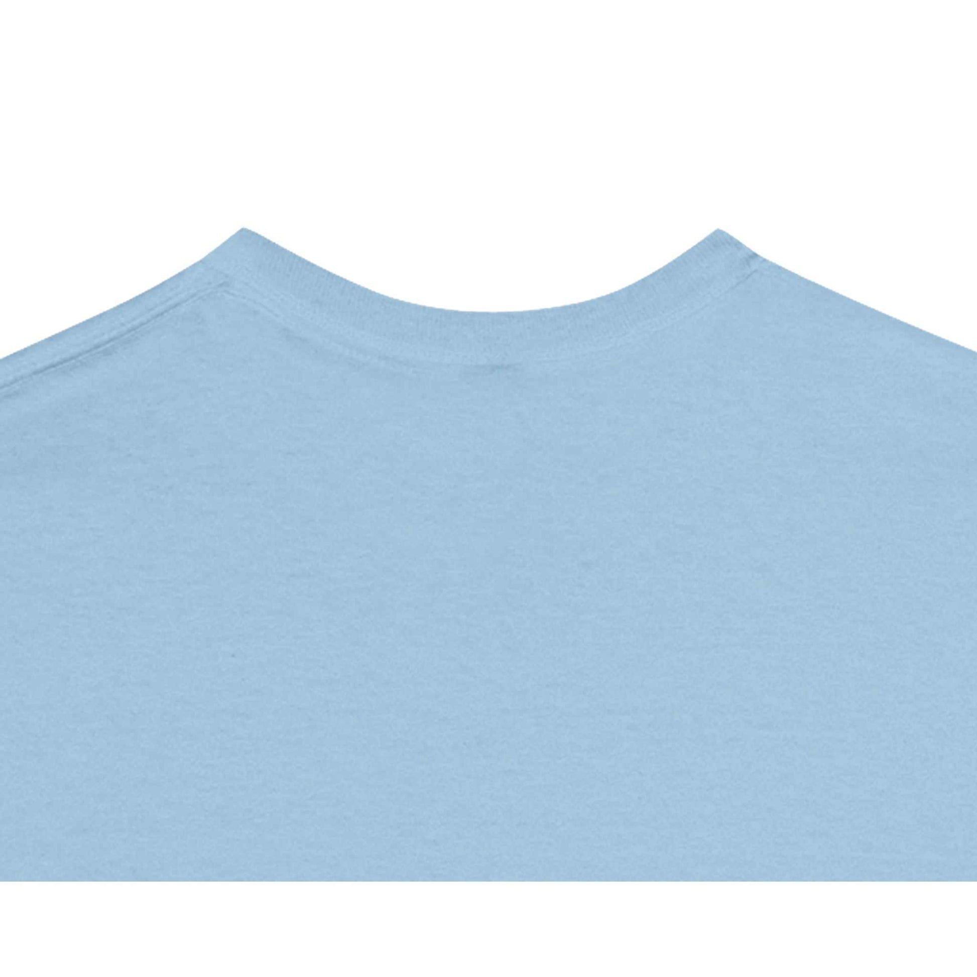 Light blue Beholder Men's Crewneck Tshirt back view showcasing seamless double-needle collar.