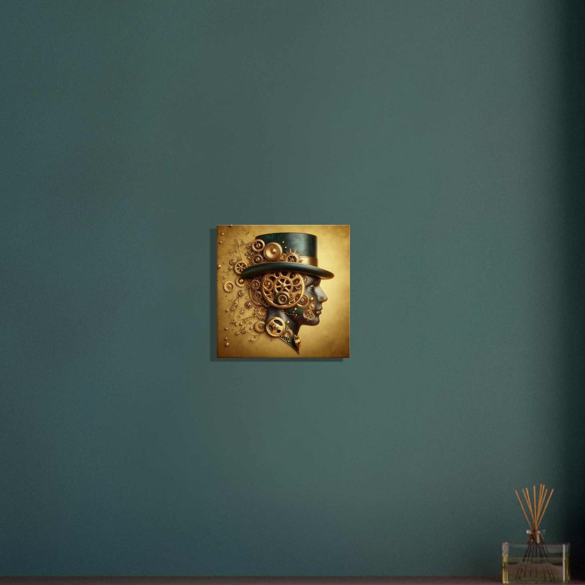 Clockwork Man Canvas print on wall, featuring detailed steampunk design, slim wooden stretcher bars, cotton-polyester blend, 300-350gsm, 2cm thickness, with hanging kit.