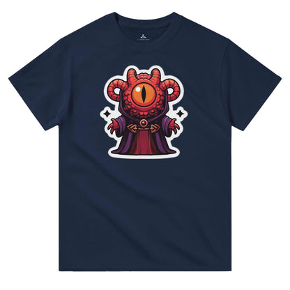 Mindflayer Women's Crewneck T-shirt featuring a red and black character with one large eye on a navy blue background.