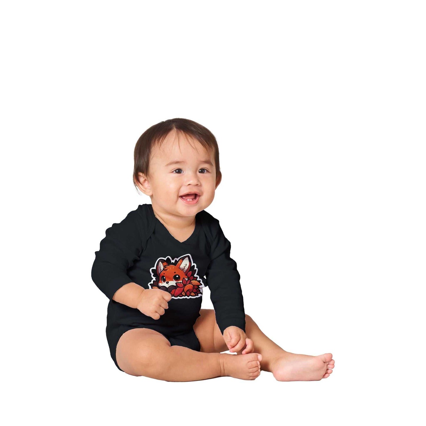 Fox Classic Baby Long Sleeve Bodysuit in black, featuring a cute fox design, worn by a smiling baby.