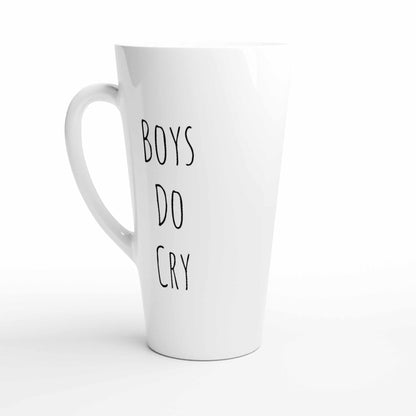 Boys Do Cry White Latte 17oz Ceramic Mug, dishwasher and microwave safe, glossy white finish.