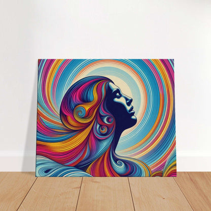 Colorful abstract canvas print of a lady feeling the sun, with vibrant swirling patterns.