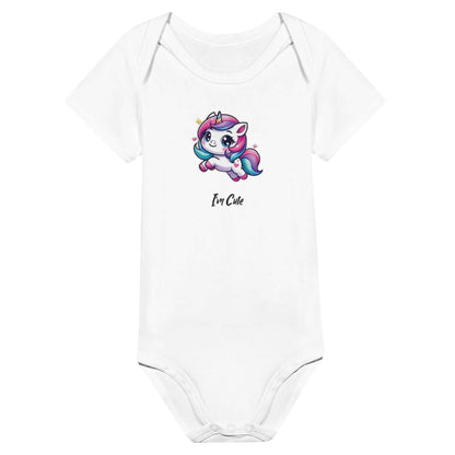 Cute baby printed short sleeve bodysuit with unicorn graphic.