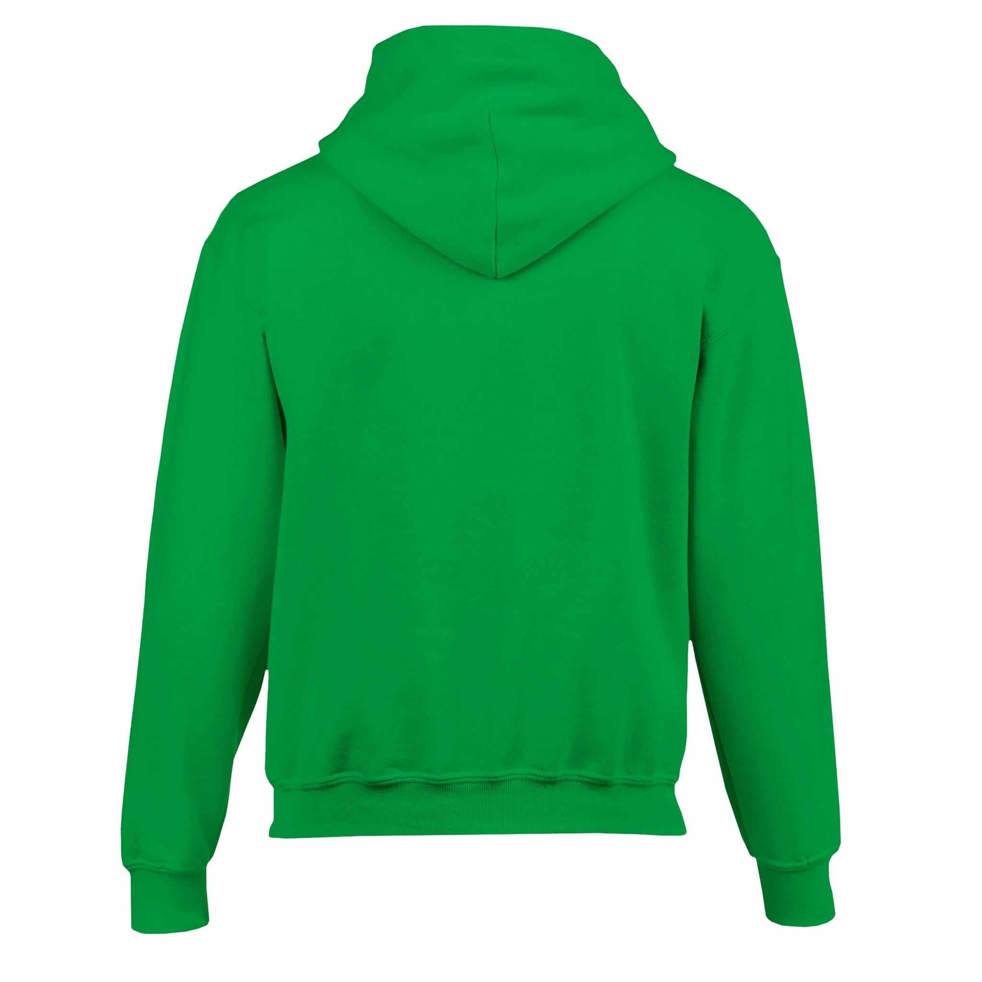 Kids green pullover hoodie with double-lined hood and front pouch pocket.