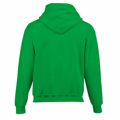 Kids green pullover hoodie with double-lined hood and front pouch pocket.