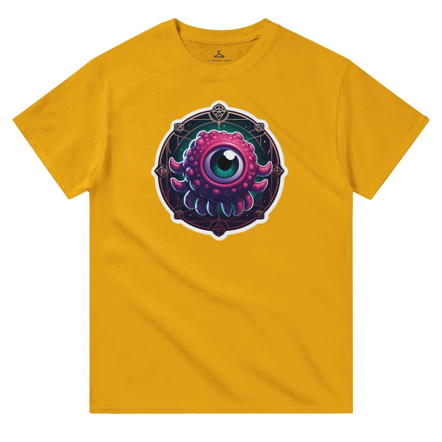 Beholder Women's Crewneck T-shirt in yellow with a colorful eye design, heavyweight cotton, classic fit.