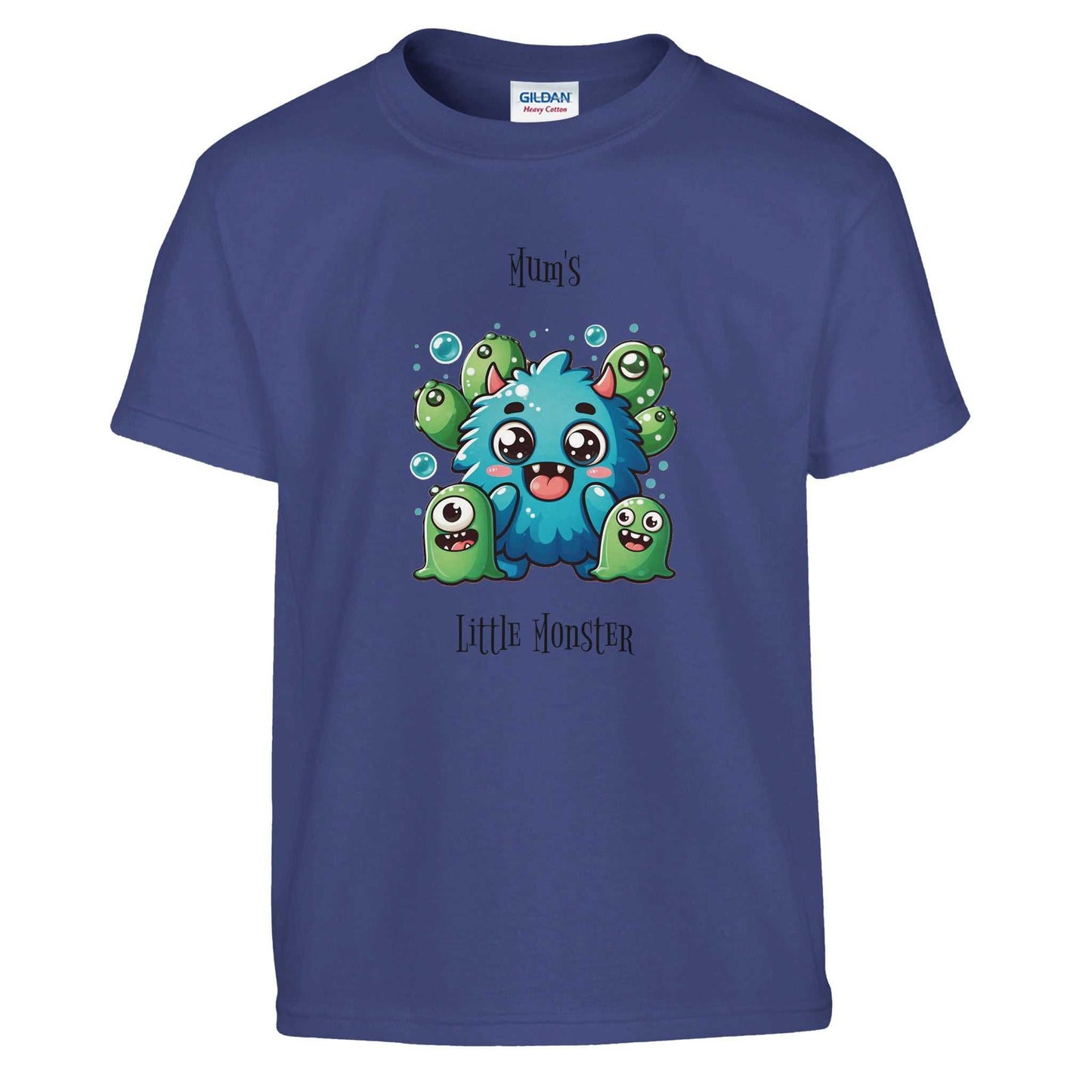 Monster Kids Crewneck T-shirt with cute monster design on a navy blue background.