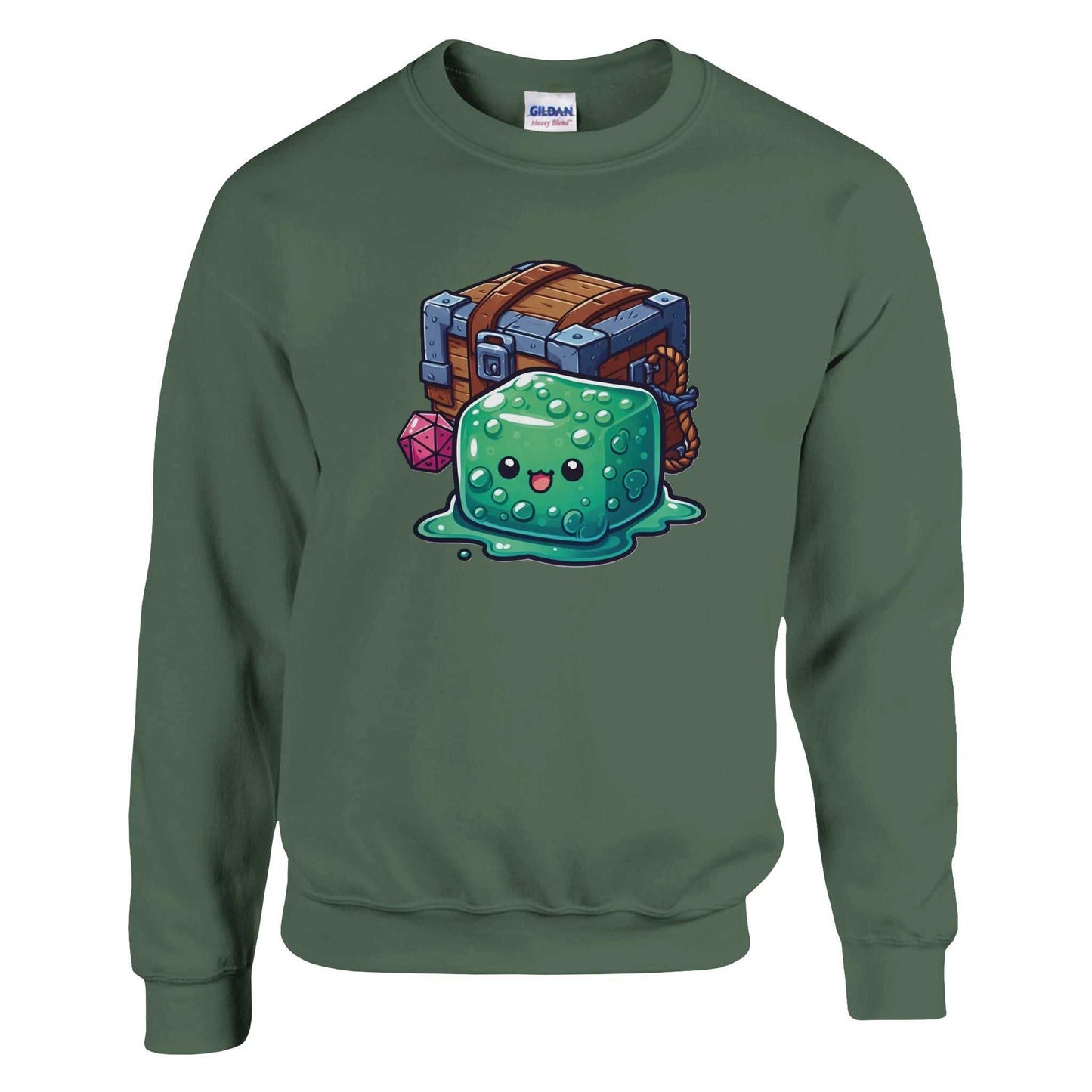 Gelatinous Cube and Mimic crewneck sweatshirt in green with fantasy design, soft cotton-poly blend.