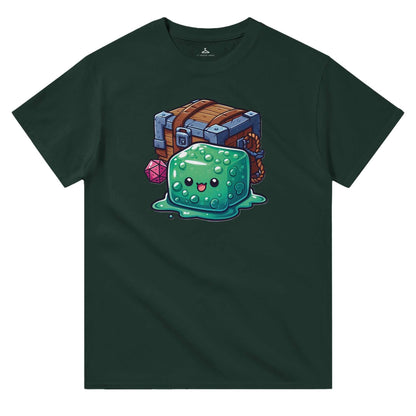 Men's crewneck t-shirt with gelatinous cube and mimic design on dark fabric.